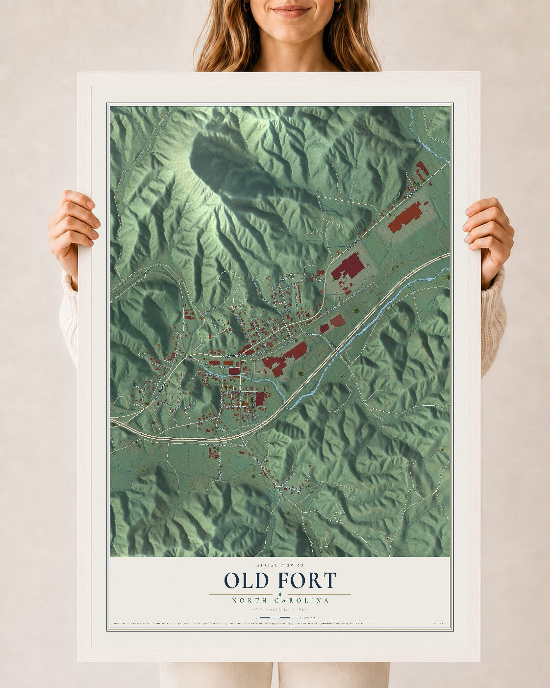 Map of Old Fort, North Carolina, 24 x 36 inch print in a white wood frame