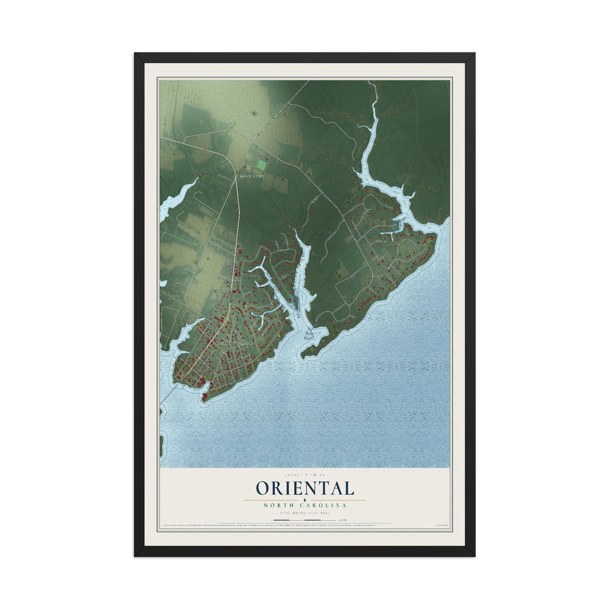 Map of Oriental, North Carolina, 12 x 18 inch print in a black wood frame