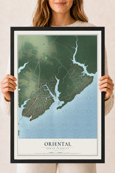 Map of Oriental, North Carolina, 18 x 24 inch print in a black wood frame