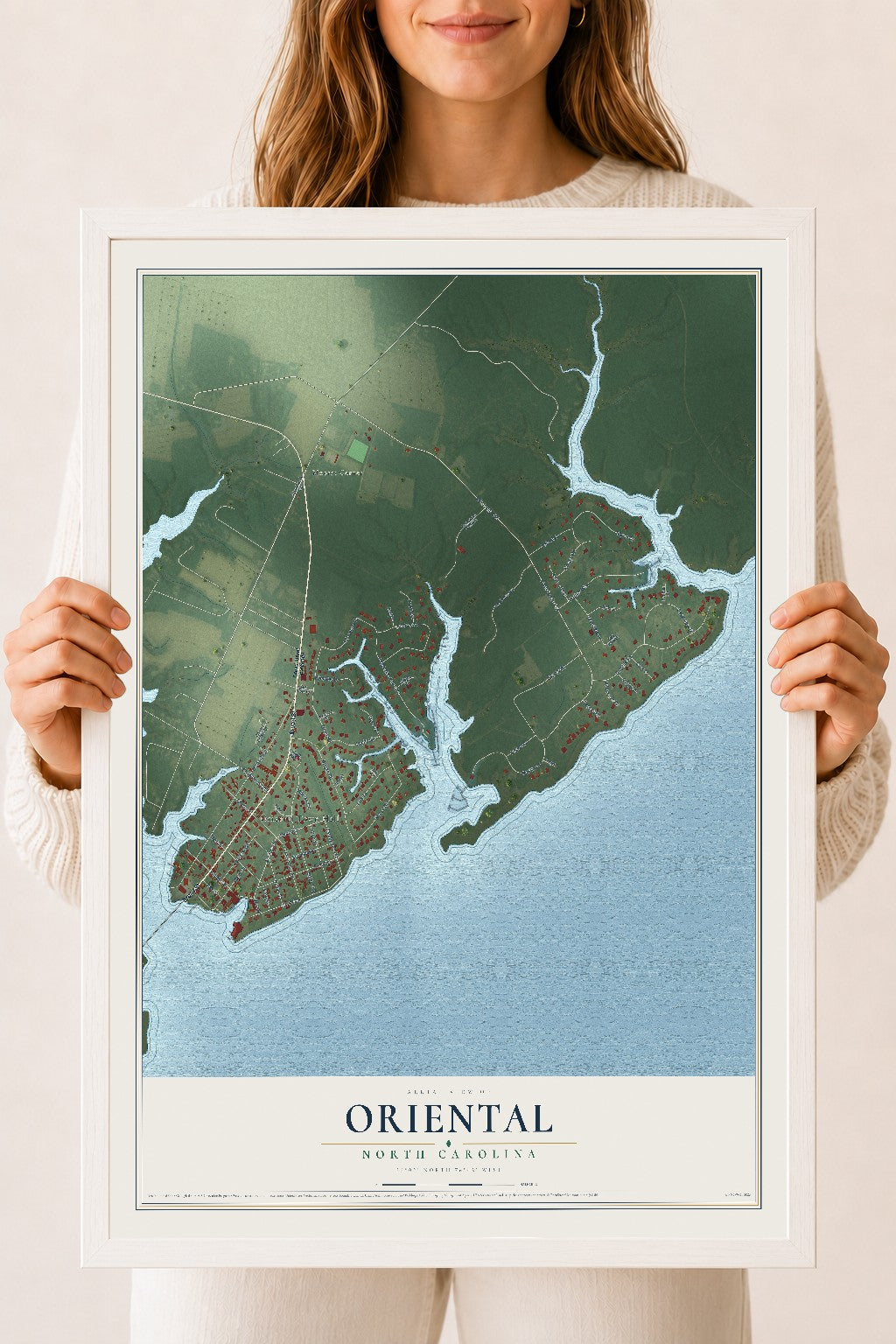 Map of Oriental, North Carolina, 18 x 24 inch print in a white wood frame