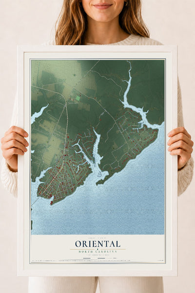 Map of Oriental, North Carolina, 18 x 24 inch print in a white wood frame