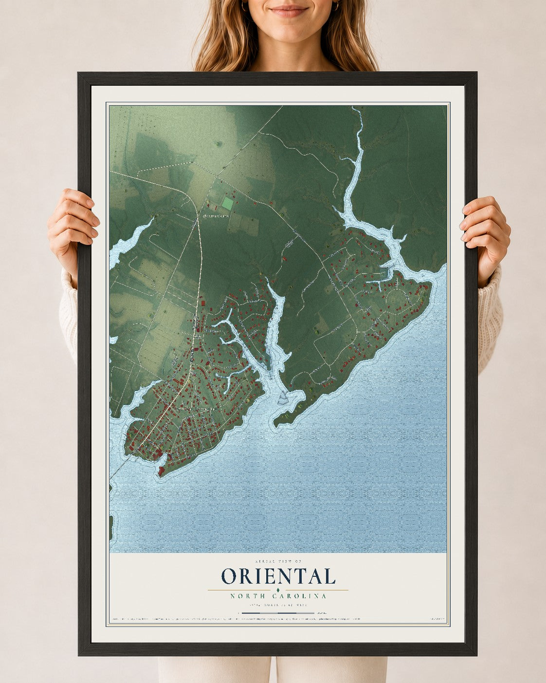 Map of Oriental, North Carolina, 24 x 36 inch print in a black wood frame