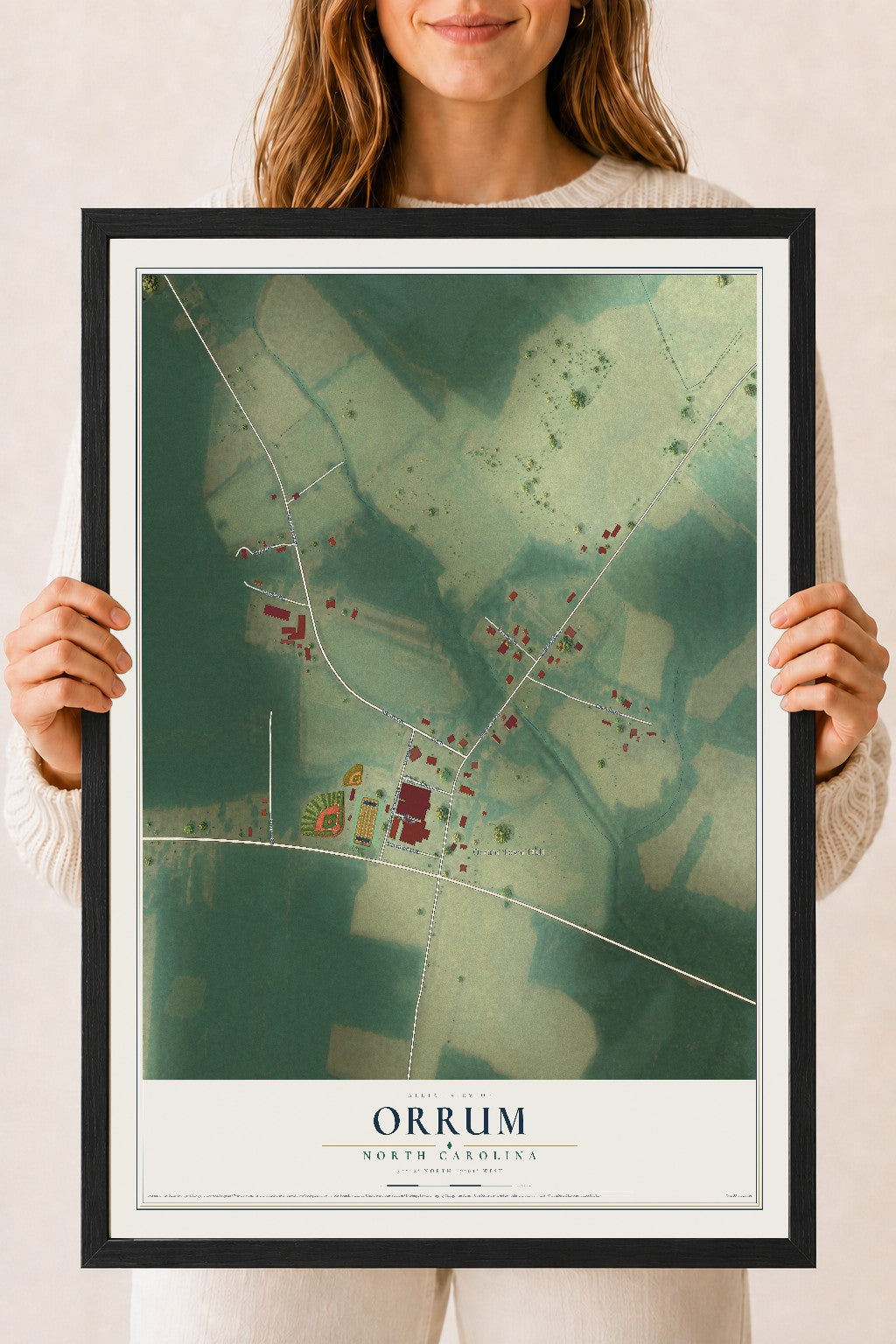 Map of Orrum, North Carolina, 18 x 24 inch print in a black wood frame