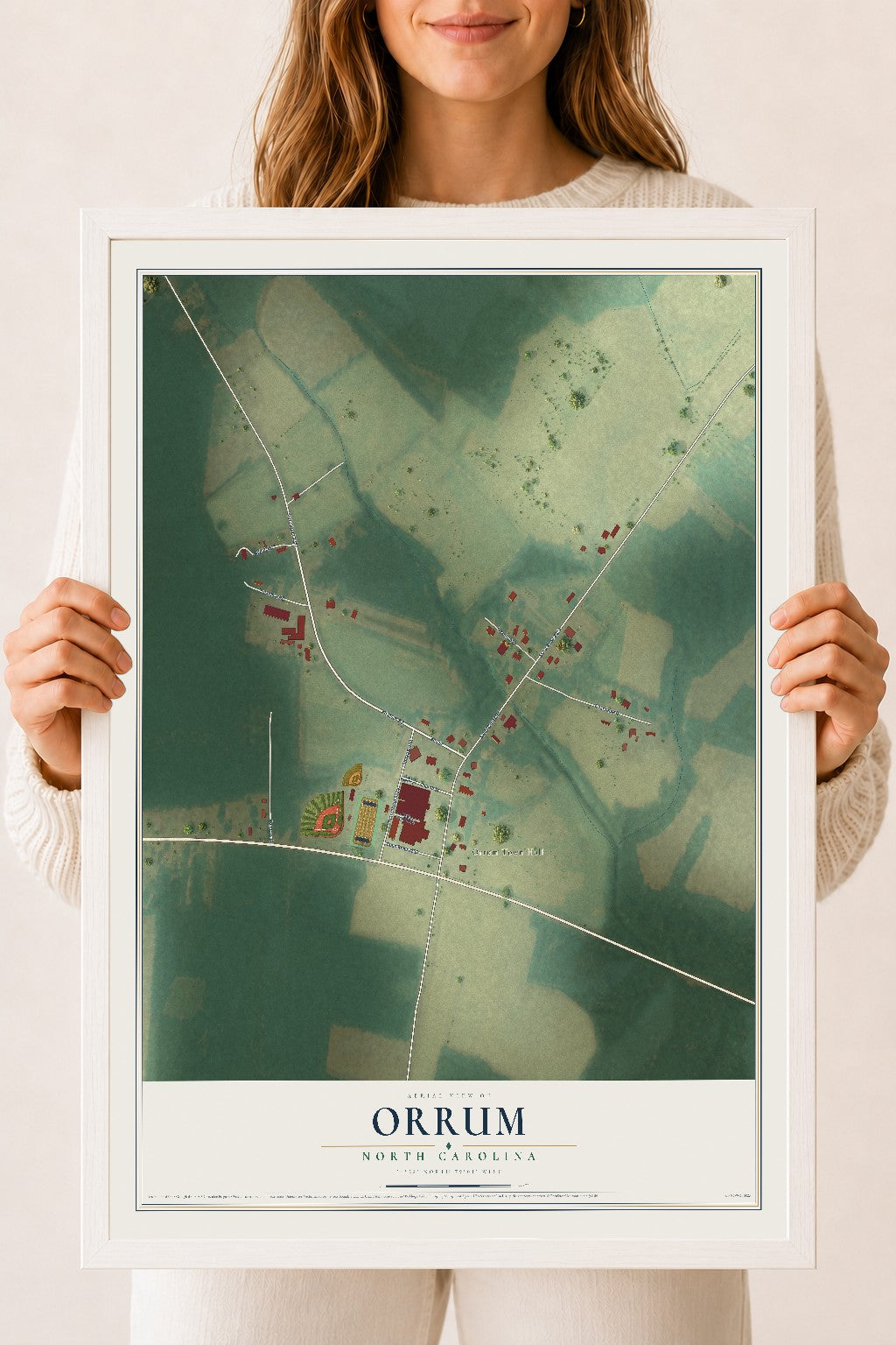Map of Orrum, North Carolina, 18 x 24 inch print in a white wood frame