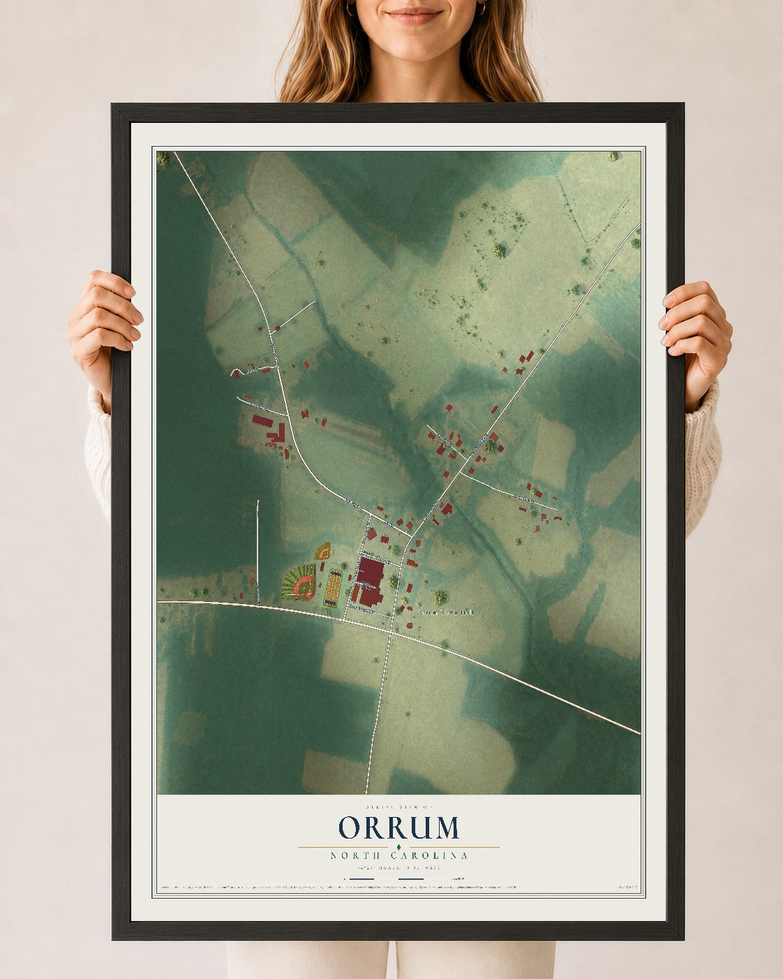 Map of Orrum, North Carolina, 24 x 36 inch print in a black wood frame
