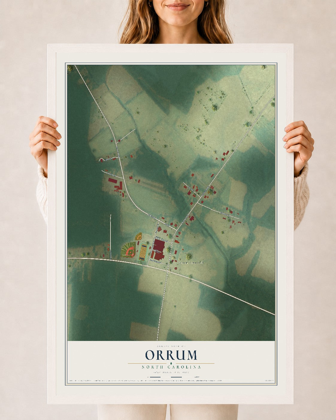 Map of Orrum, North Carolina, 24 x 36 inch print in a white wood frame