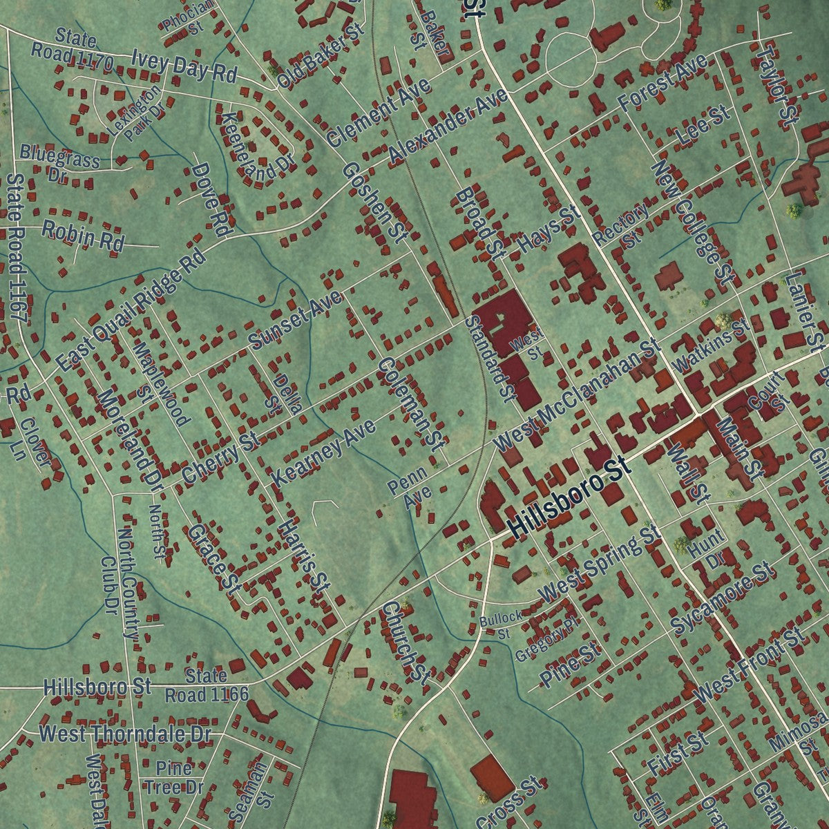 Close-up of the map of Oxford, North Carolina print showing street and building detail