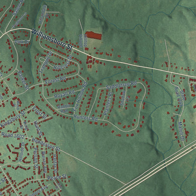 Second close-up of the map of Oxford, North Carolina print showing more streets and buildings