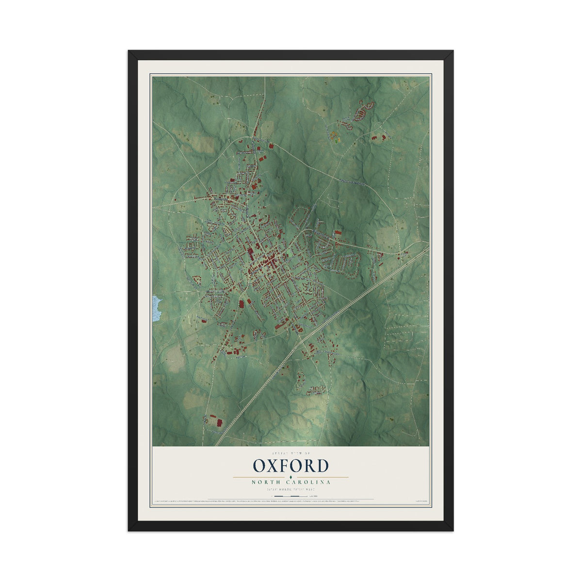 Map of Oxford, North Carolina, 12 x 18 inch print in a black wood frame