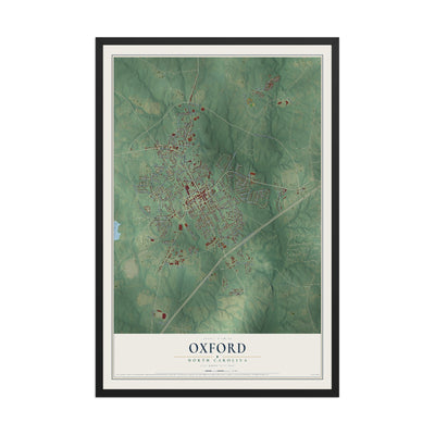 Map of Oxford, North Carolina, 12 x 18 inch print in a black wood frame