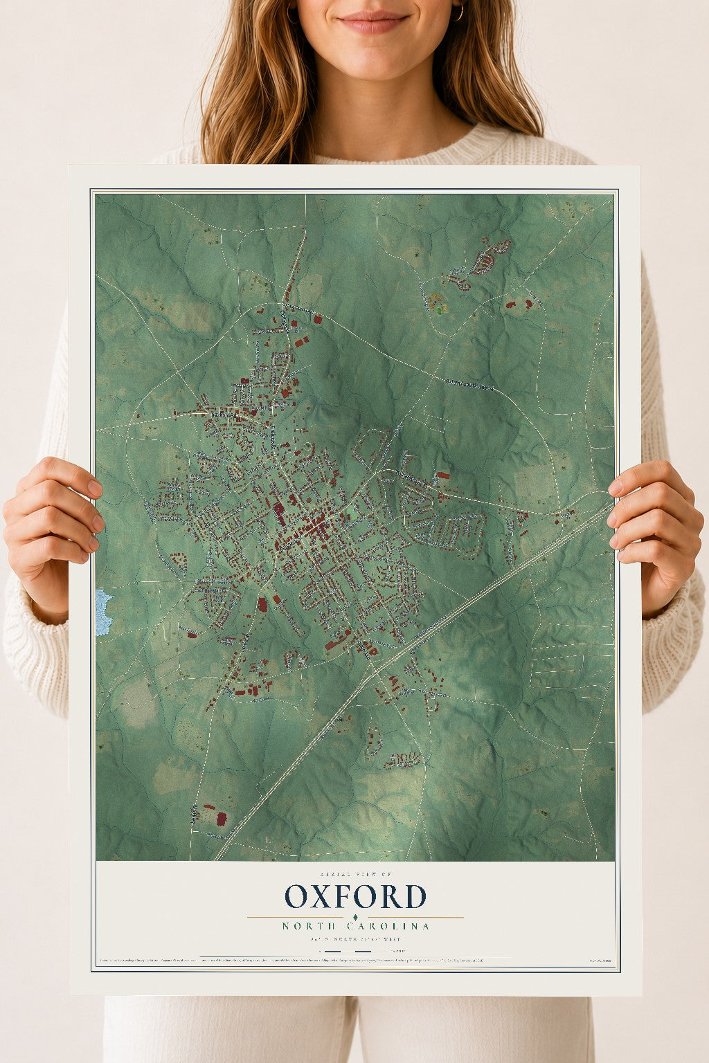 Map of Oxford, North Carolina, 18 x 24 inch unframed archival matte print