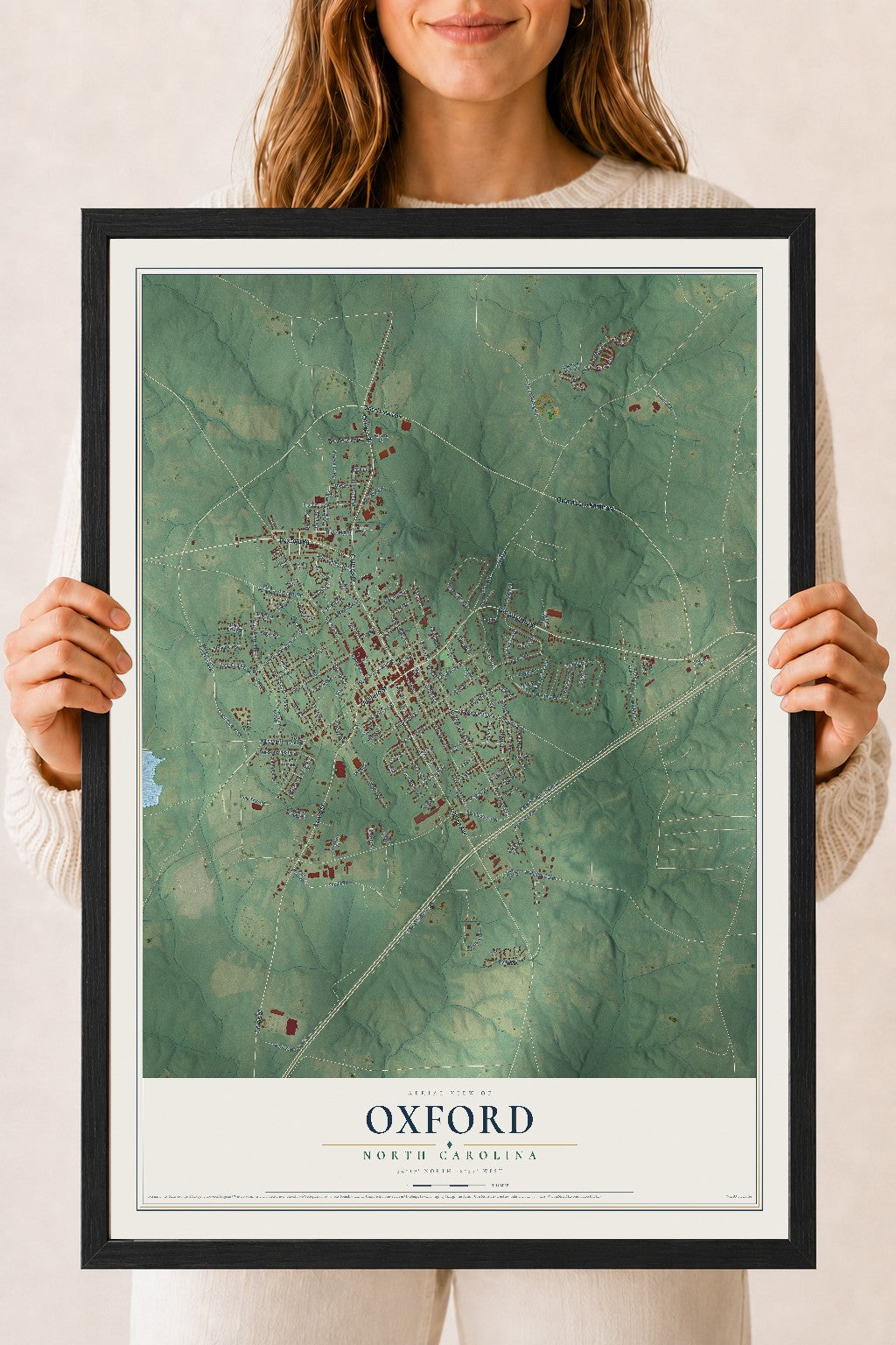 Map of Oxford, North Carolina, 18 x 24 inch print in a black wood frame