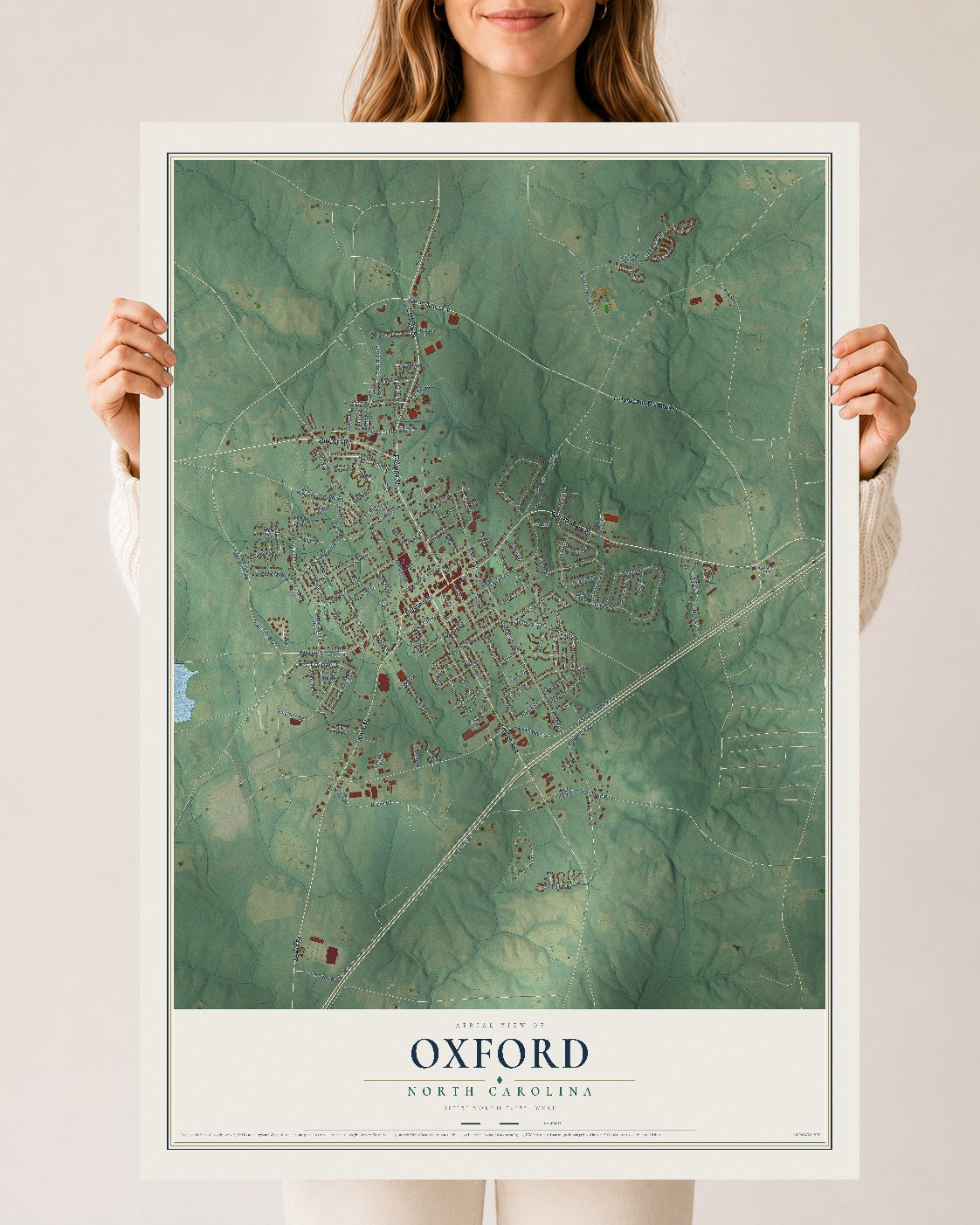 Map of Oxford, North Carolina, 24 x 36 inch unframed archival matte print