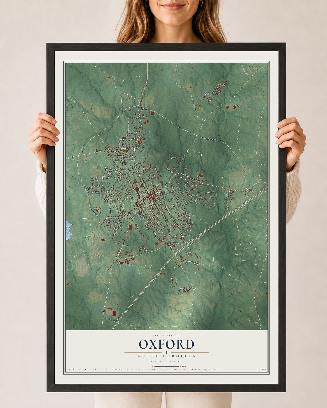 Map of Oxford, North Carolina, 24 x 36 inch print in a black wood frame