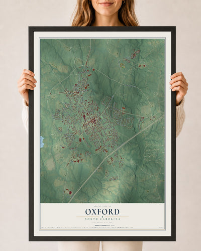 Map of Oxford, North Carolina, 24 x 36 inch print in a black wood frame