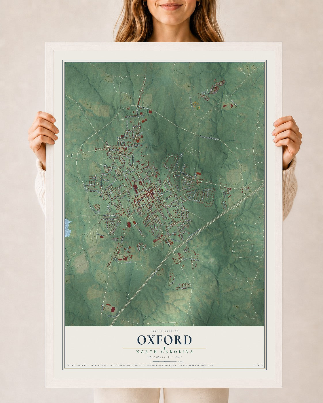 Map of Oxford, North Carolina, 24 x 36 inch print in a white wood frame