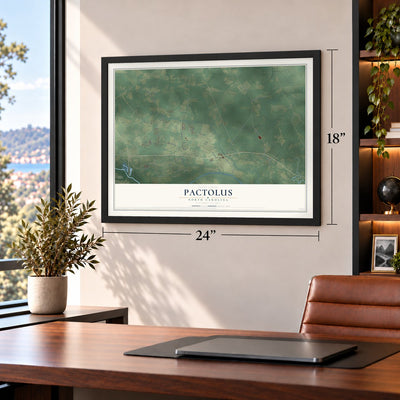 Pactolus, North Carolina map, 18 x 24 inch print in a black frame in a home office
