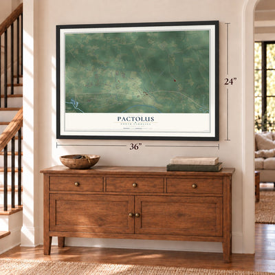 Pactolus, North Carolina map, 24 x 36 inch print in a black frame above a dresser by a staircase