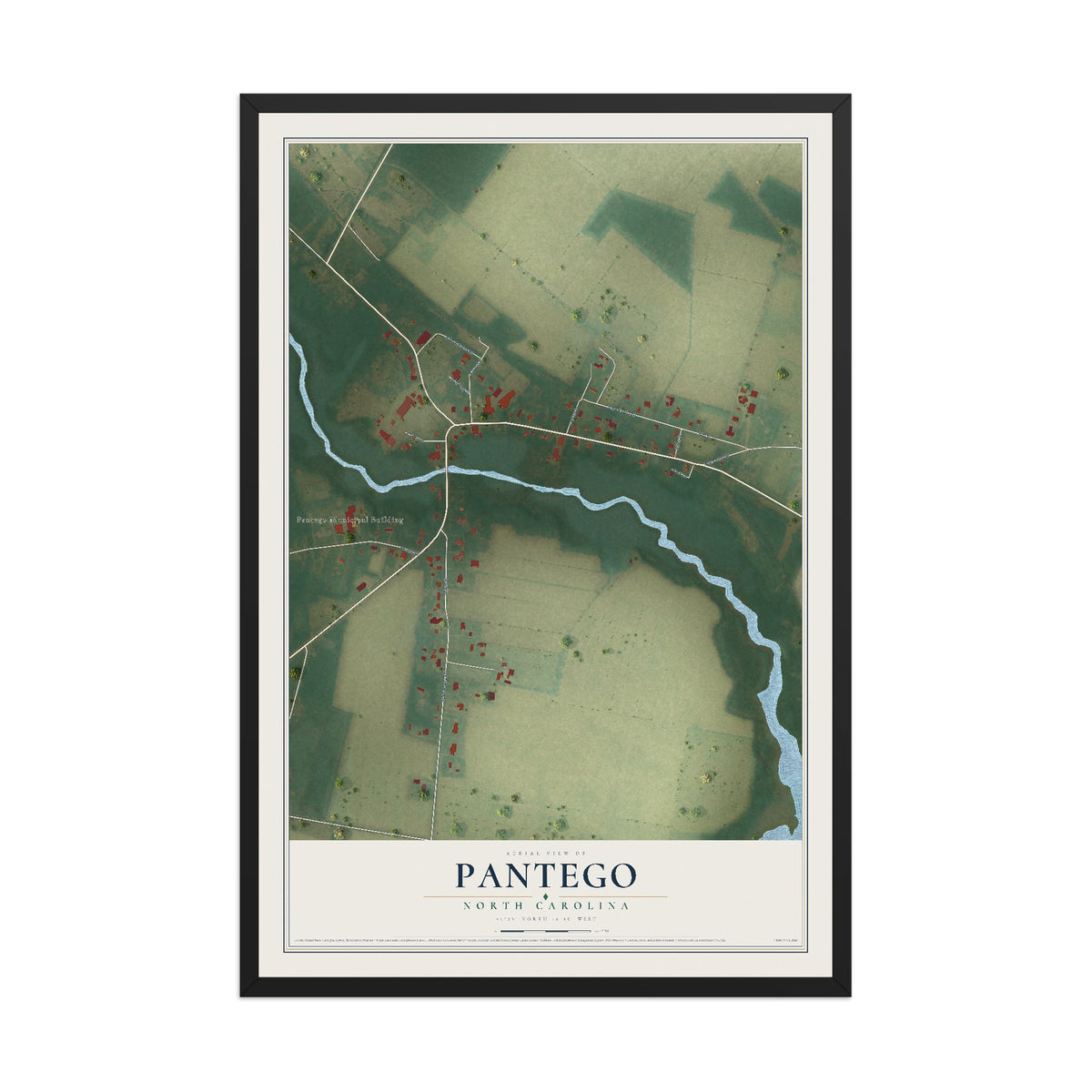 Map of Pantego, North Carolina, 12 x 18 inch print in a black wood frame