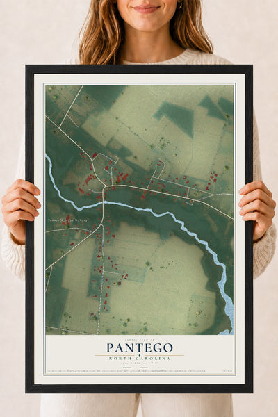 Map of Pantego, North Carolina, 18 x 24 inch print in a black wood frame