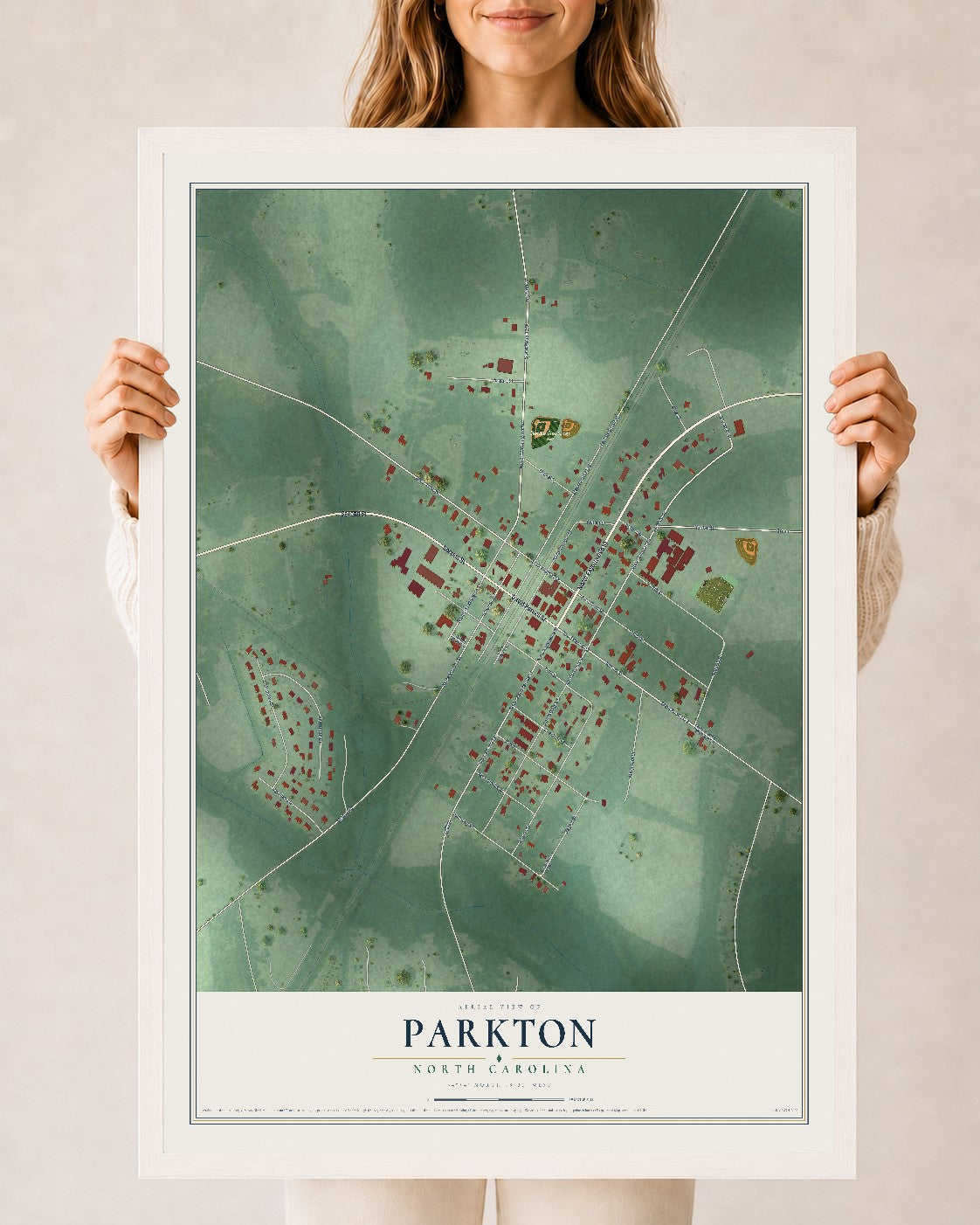 Map of Parkton, North Carolina, 24 x 36 inch print in a white wood frame
