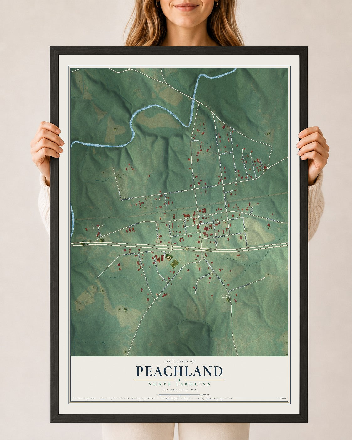 Map of Peachland, North Carolina, 24 x 36 inch print in a black wood frame