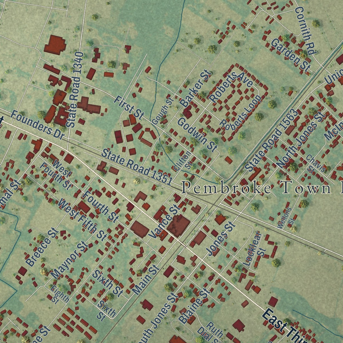 Close-up of the map of Pembroke, North Carolina print showing street and building detail