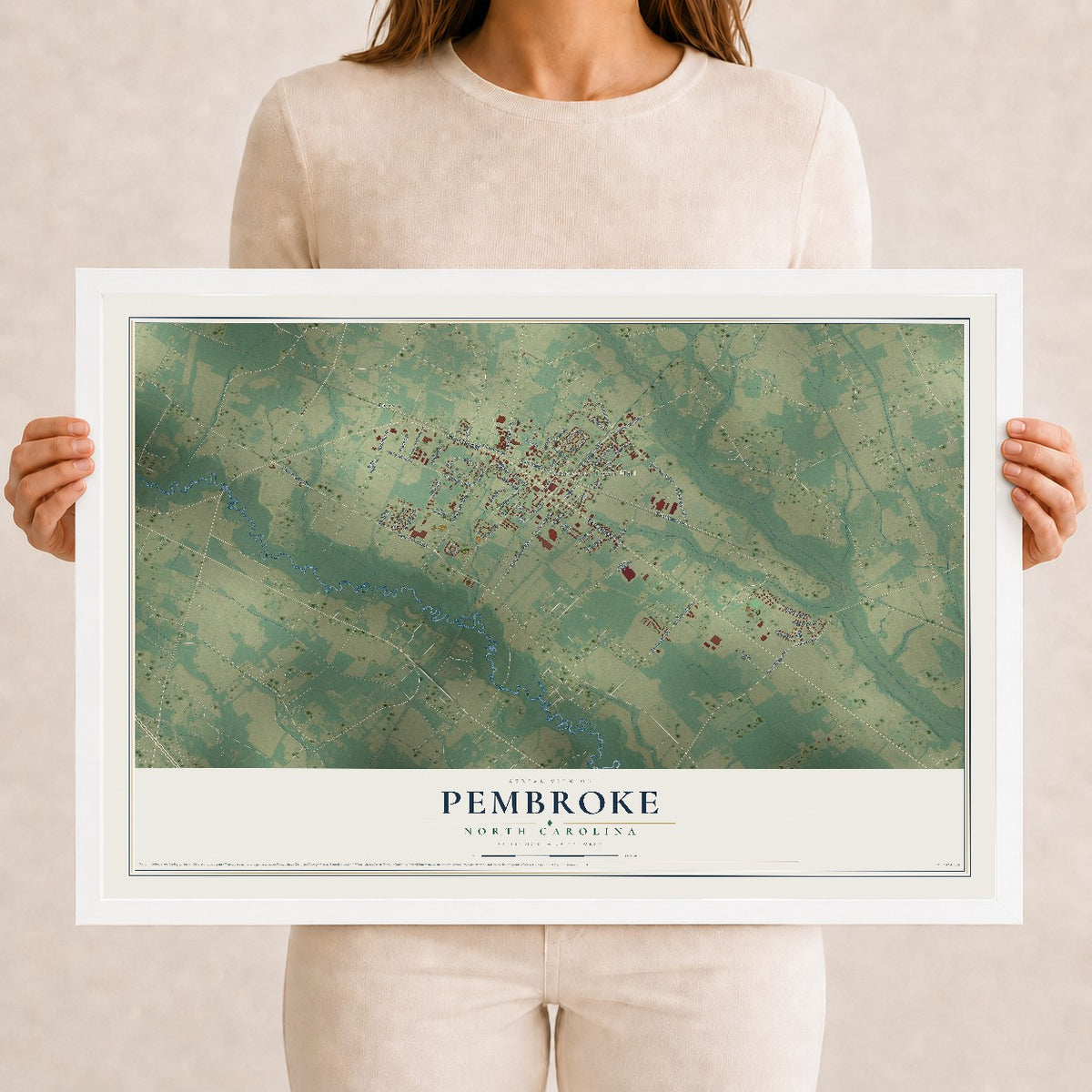 Map of Pembroke, North Carolina, 12 x 18 inch print in a white wood frame