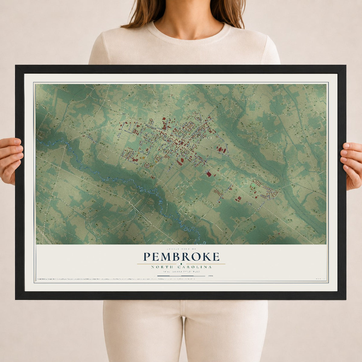 Map of Pembroke, North Carolina, 18 x 24 inch print in a black wood frame