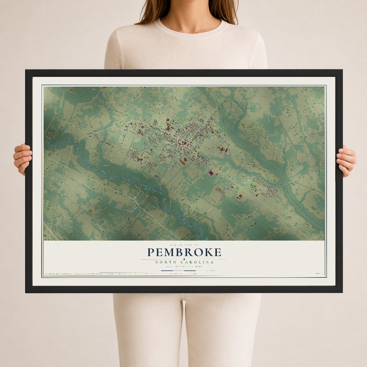 Map of Pembroke, North Carolina, 24 x 36 inch print in a black wood frame