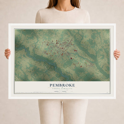 Map of Pembroke, North Carolina, 24 x 36 inch print in a white wood frame
