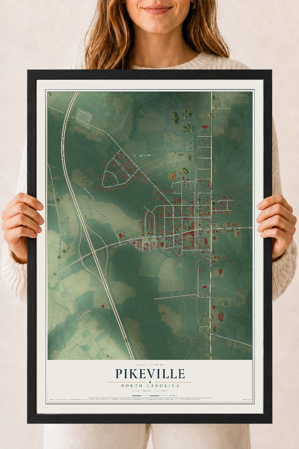 Map of Pikeville, North Carolina, 18 x 24 inch print in a black wood frame