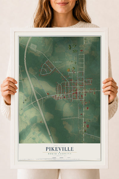 Map of Pikeville, North Carolina, 18 x 24 inch print in a white wood frame