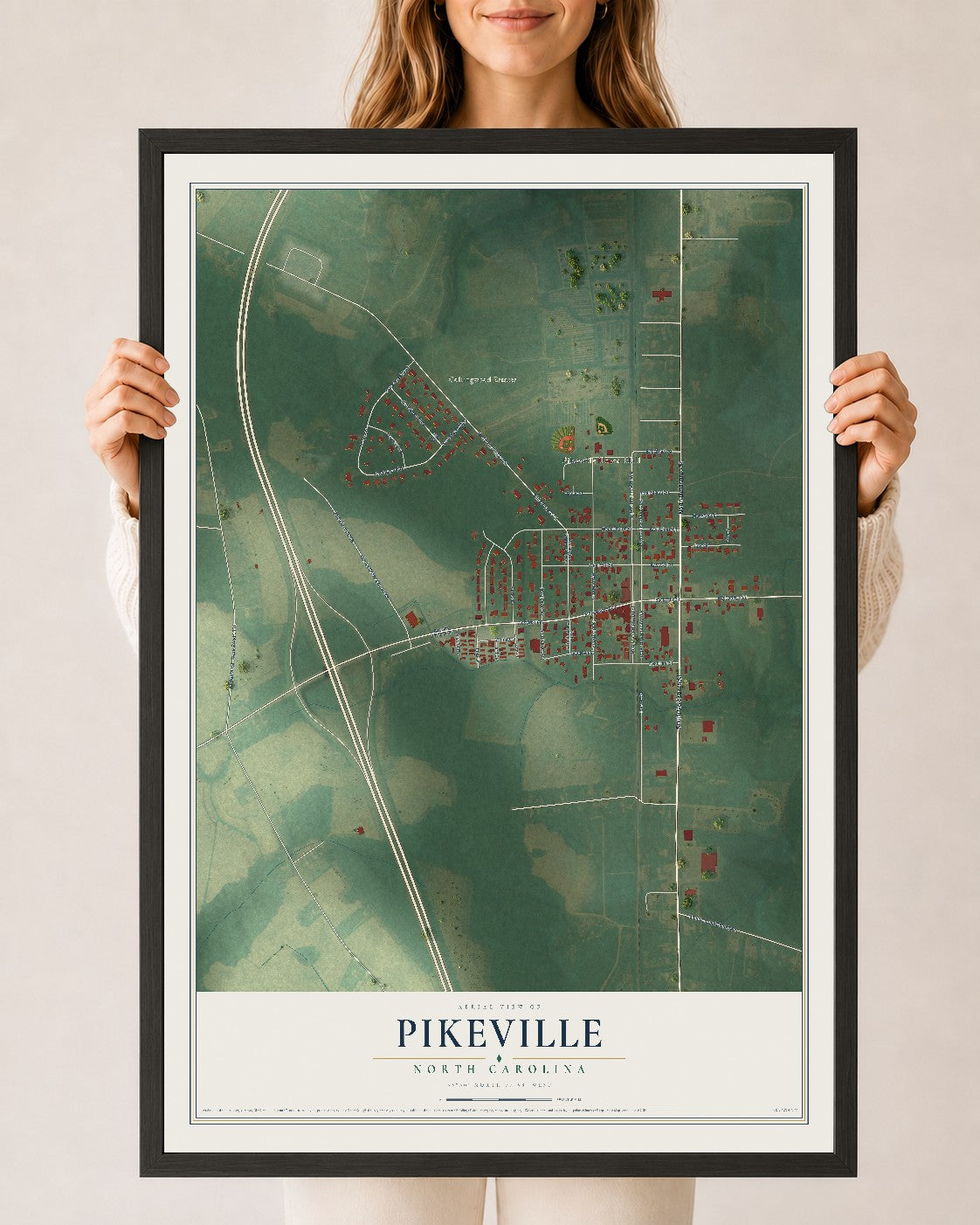 Map of Pikeville, North Carolina, 24 x 36 inch print in a black wood frame