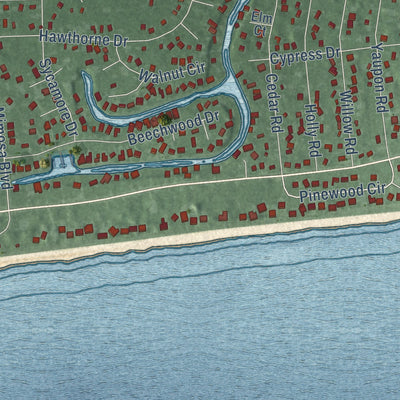 Close-up of the map of Pine Knoll Shores, North Carolina print showing street and building detail