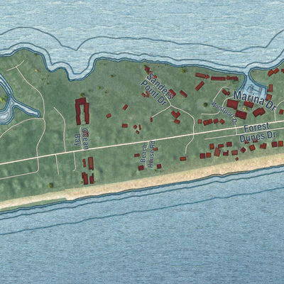 Second close-up of the map of Pine Knoll Shores, North Carolina print showing more streets and buildings