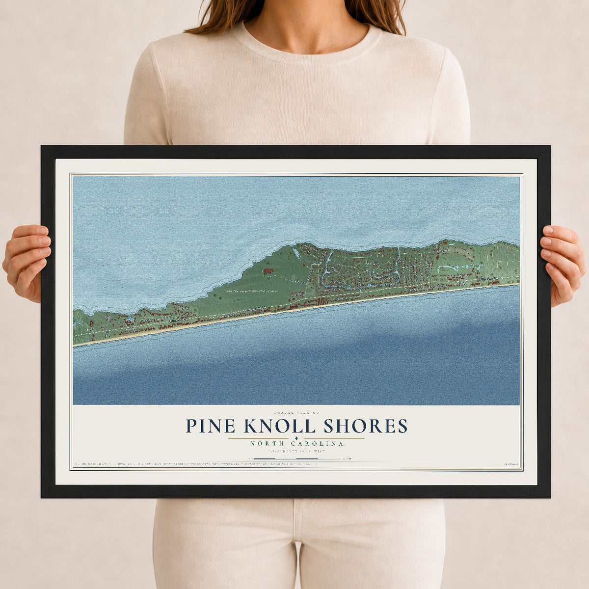 Map of Pine Knoll Shores, North Carolina, 12 x 18 inch print in a black wood frame
