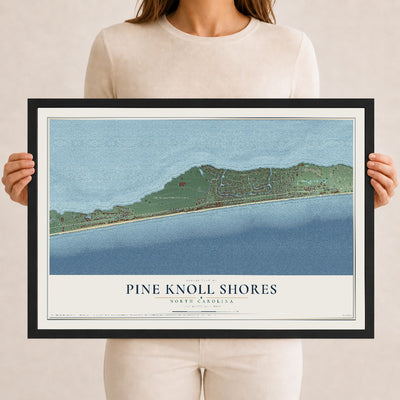 Map of Pine Knoll Shores, North Carolina, 12 x 18 inch print in a black wood frame