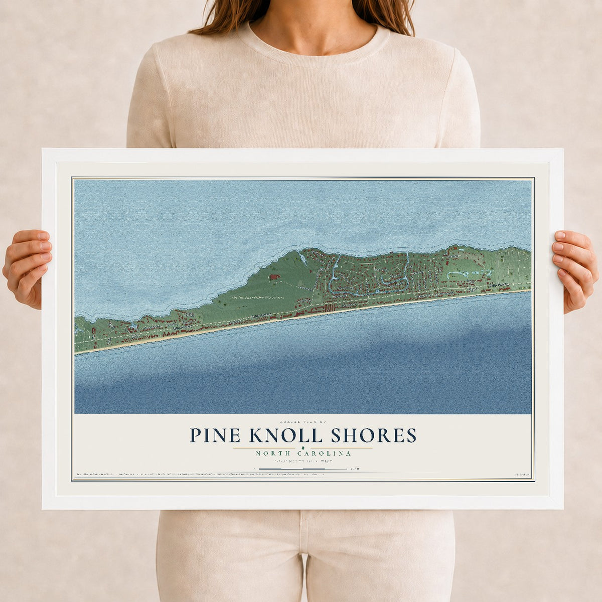 Map of Pine Knoll Shores, North Carolina, 12 x 18 inch print in a white wood frame