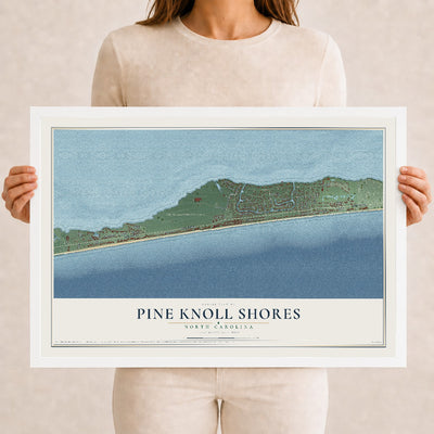 Map of Pine Knoll Shores, North Carolina, 12 x 18 inch print in a white wood frame