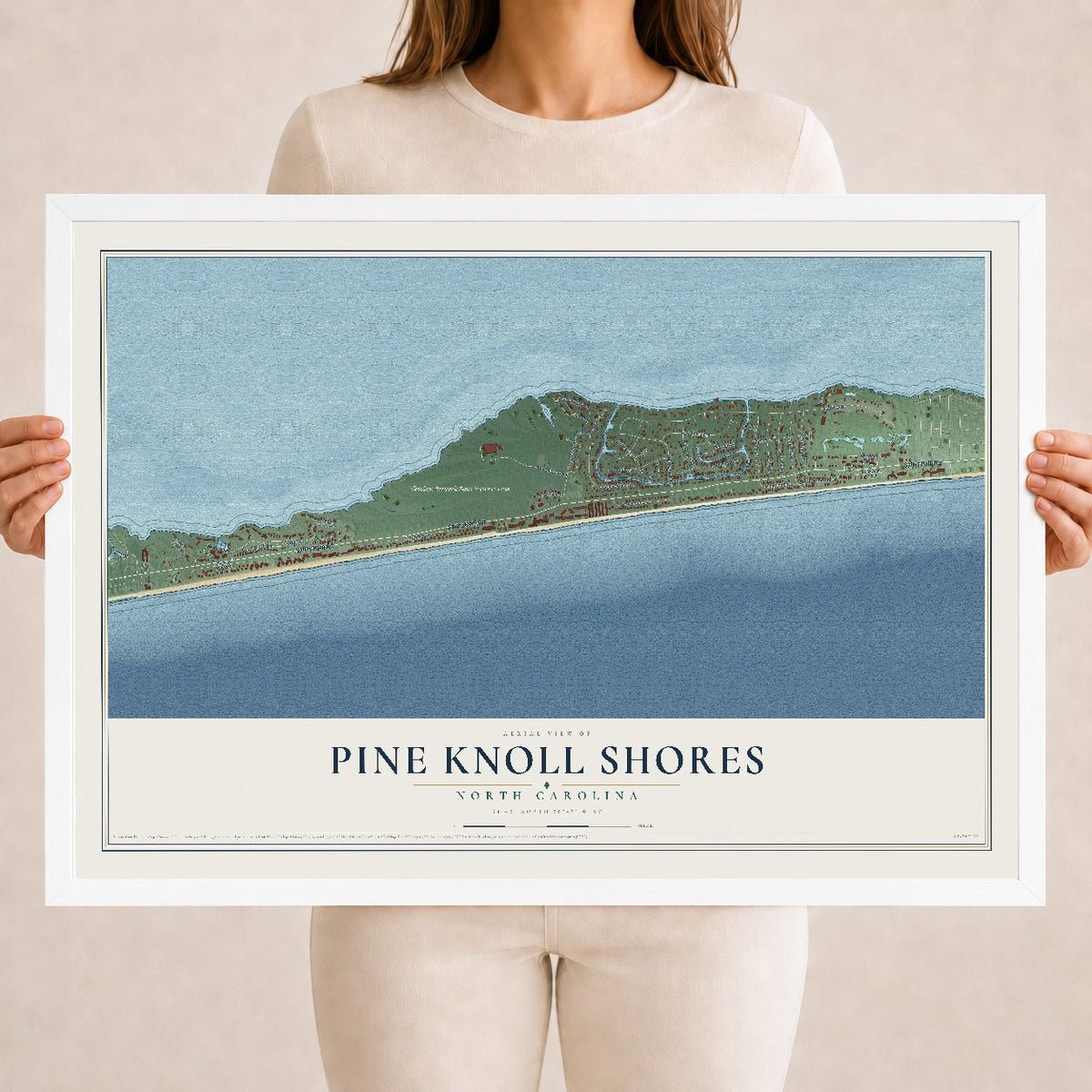 Map of Pine Knoll Shores, North Carolina, 18 x 24 inch print in a white wood frame