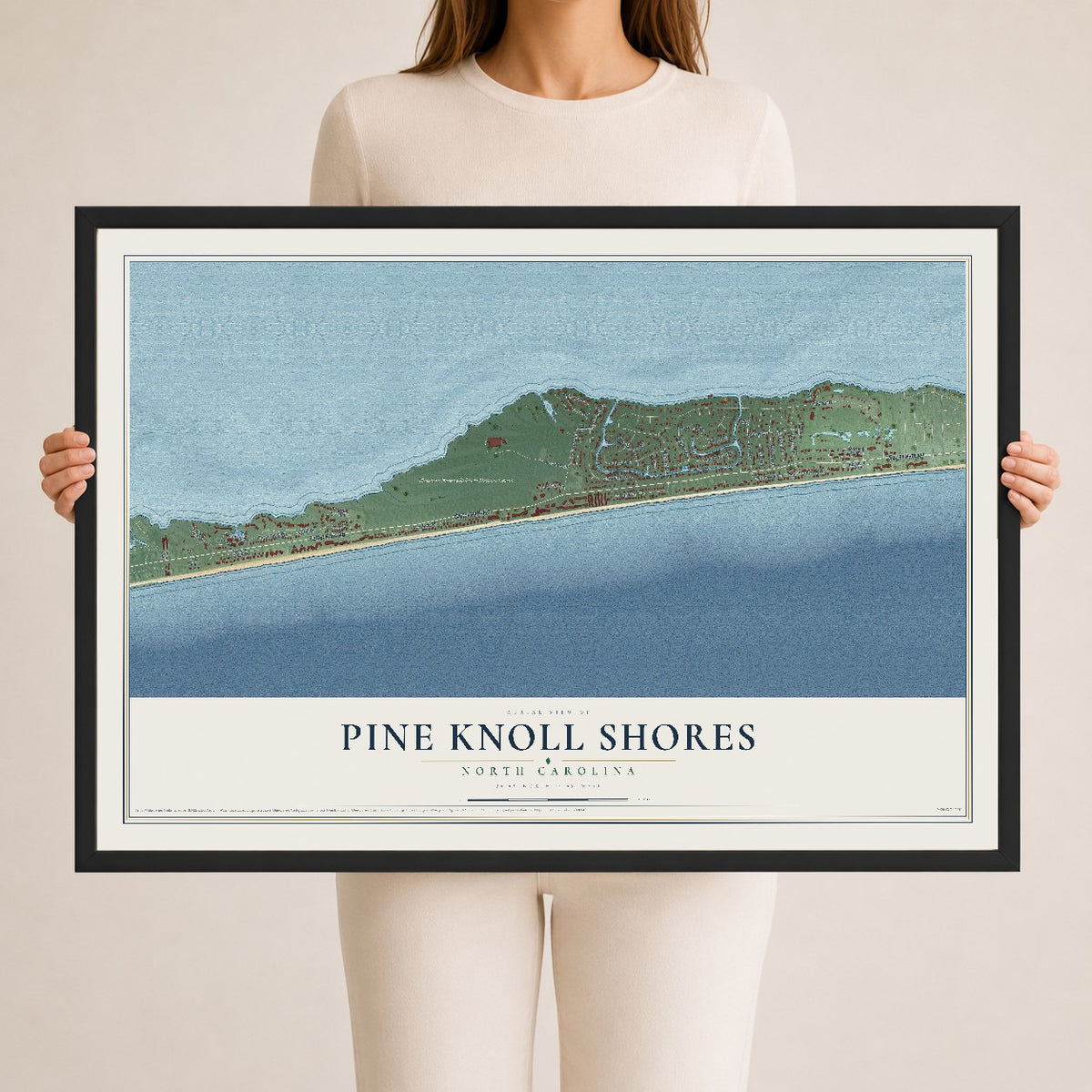 Map of Pine Knoll Shores, North Carolina, 24 x 36 inch print in a black wood frame