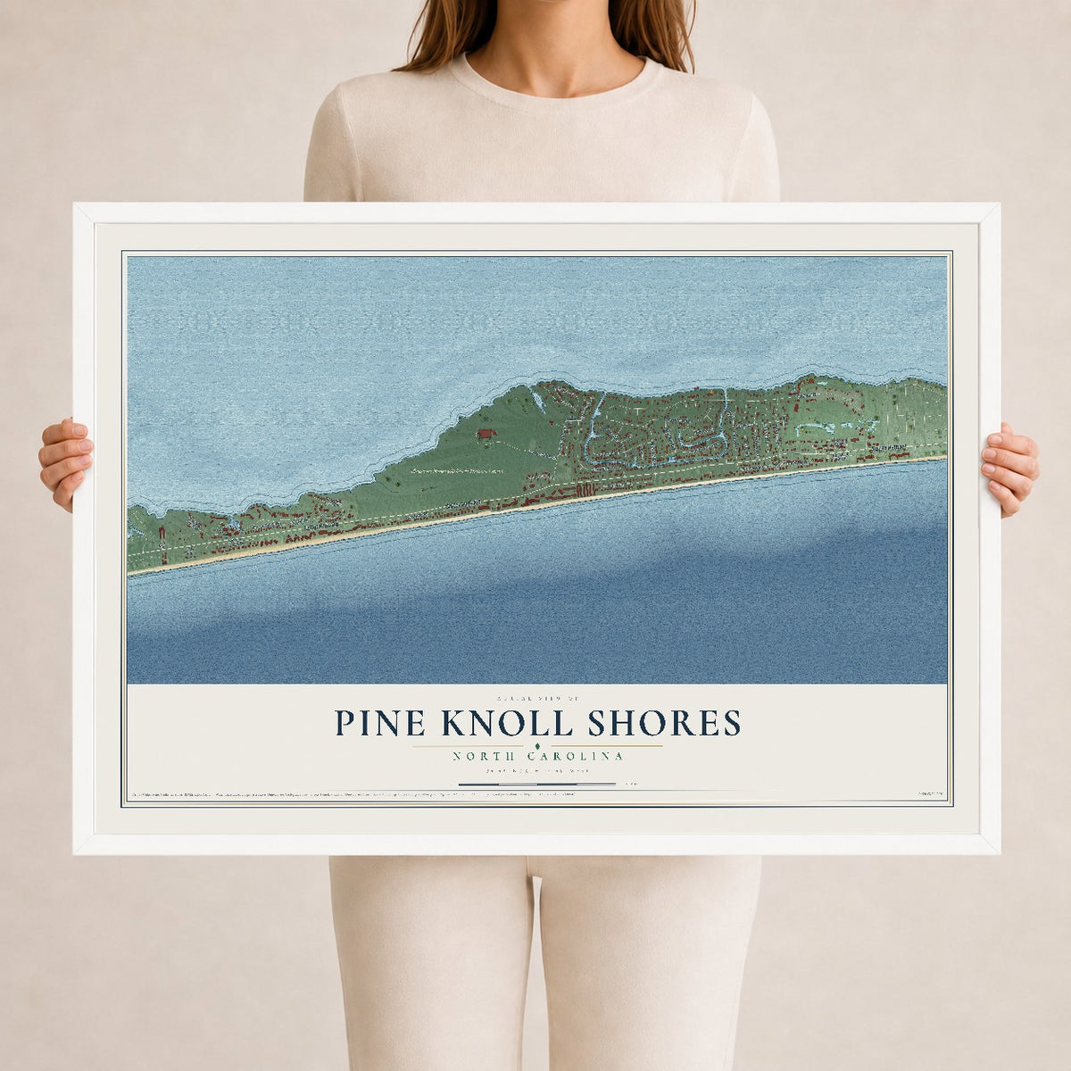 Map of Pine Knoll Shores, North Carolina, 24 x 36 inch print in a white wood frame