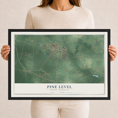 Map of Pine Level, North Carolina, 12 x 18 inch print in a black wood frame