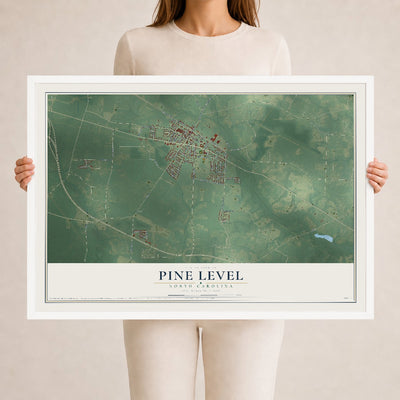 Map of Pine Level, North Carolina, 24 x 36 inch print in a white wood frame