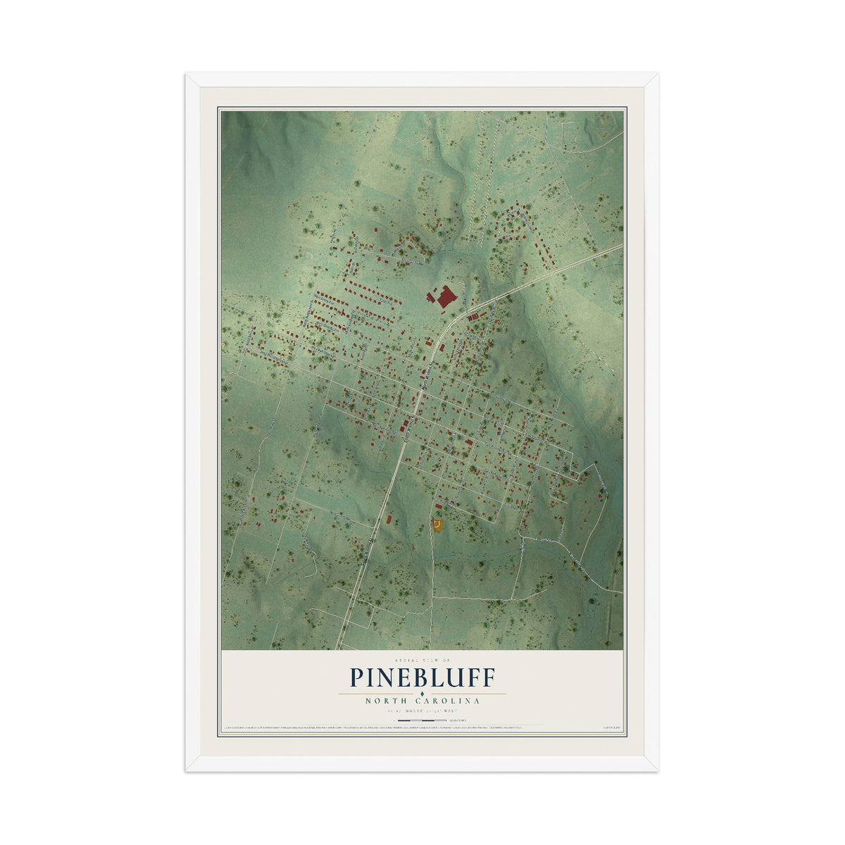Map of Pinebluff, North Carolina, 12 x 18 inch print in a white wood frame