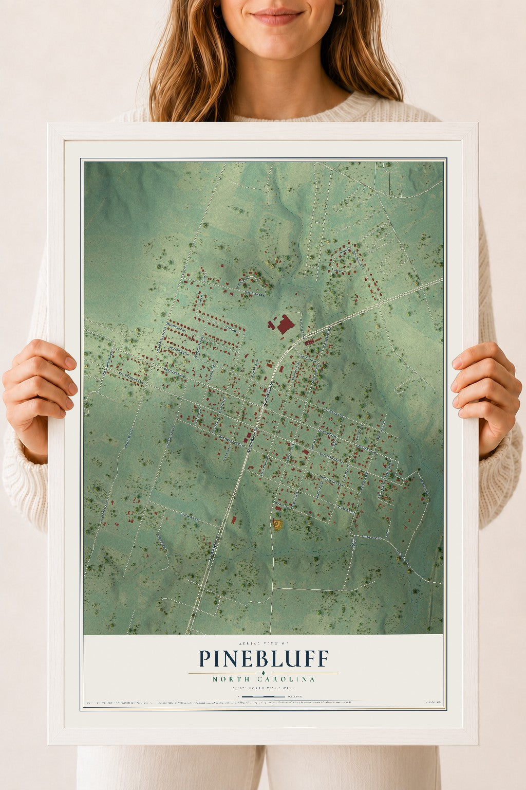 Map of Pinebluff, North Carolina, 18 x 24 inch print in a white wood frame