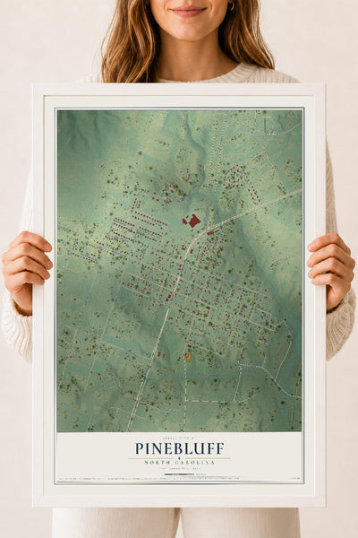 Map of Pinebluff, North Carolina, 18 x 24 inch print in a white wood frame