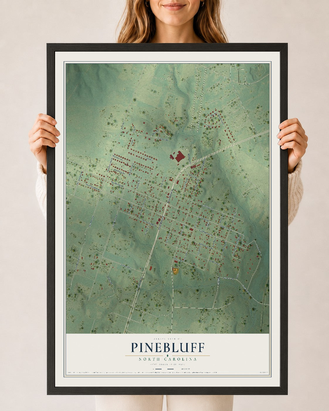 Map of Pinebluff, North Carolina, 24 x 36 inch print in a black wood frame