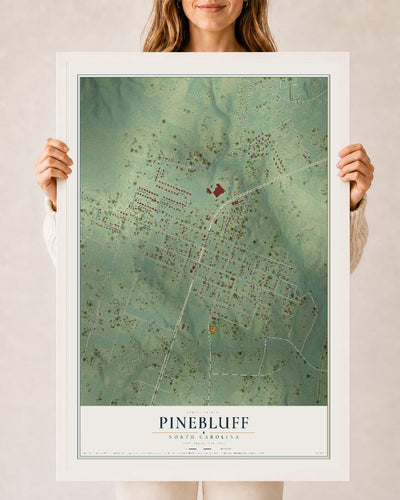 Map of Pinebluff, North Carolina, 24 x 36 inch print in a white wood frame